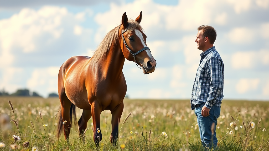 Ein Pferd und ein Mensch stehen in einem schönen Feld, der Mensch spricht beruhigend zum Pferd, während sie eine ruhige, vertrauensvolle Beziehung aufbauen.