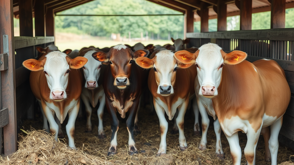 Herd von Kühen, die in einem offenen Stall frei herumlaufen, mit Zugang zu Weideflächen und Beschäftigungseinrichtungen zur Förderung ihres Wohlbefindens.