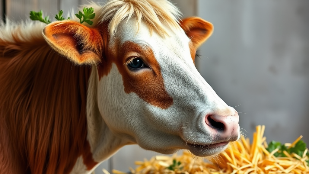 Tiernahrung mit einer bunten Auswahl an Proteinquellen, Fetten und frischem Gemüse, angeschaut von einem gesunden Tier, das ausgeglichen und lebhaft wirkt.