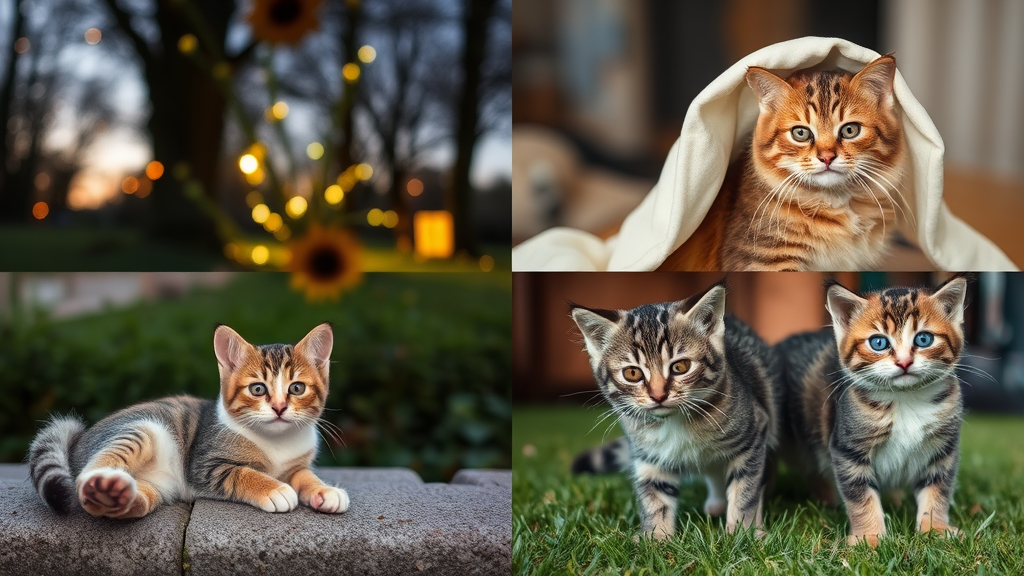 Bilder von Tieren, die durch Energiearbeit unterstützt werden: Hündin Maya entspannt bei einem nächtlichen Spaziergang, Kater mit gefülltem Napf, spielende Katzen Susi und Sämi.