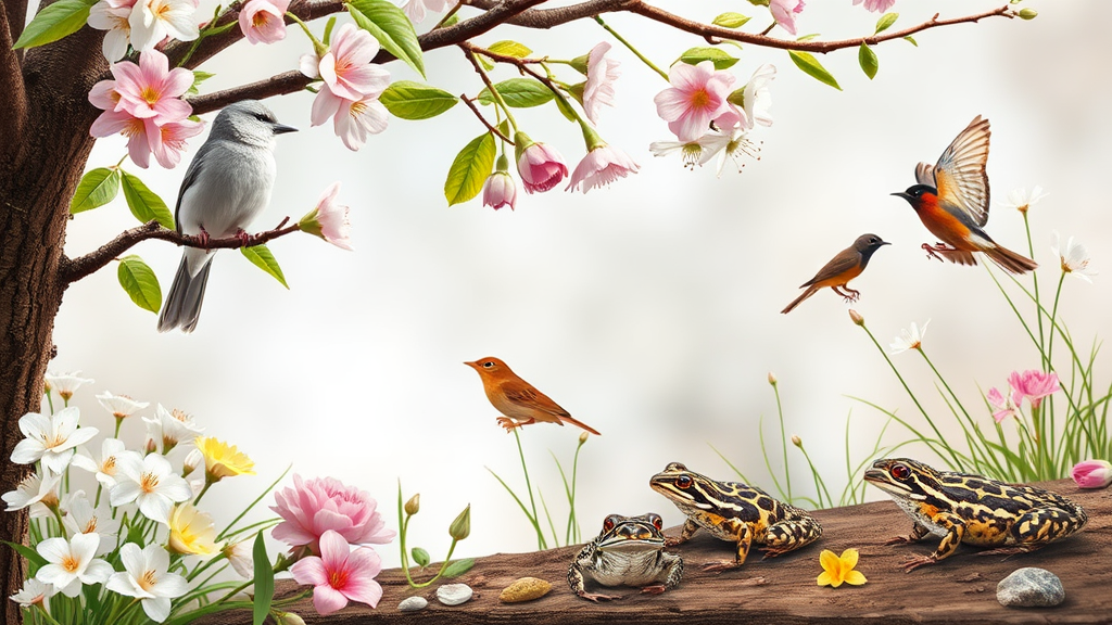 Frühlingsszene mit verschiedenen Tieren: Vögel singen im Baum, Säugetiere mit frischem Sommerfell und Amphibien bei der Wanderung zu Laichgewässern.