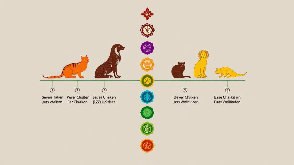 Grafik von sieben Chakren bei Tieren, die entlang der Wirbelsäule angeordnet sind, mit Symbolen für jedes Chakra und deren Bedeutung für das Wohlbefinden.