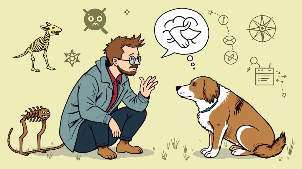 Illustration eines Tierkommunikators, der mit einem Hund durch Gedankenaustausch kommuniziert, umgeben von skeptischen Tierärzten und wissenschaftlichen Symbolen.