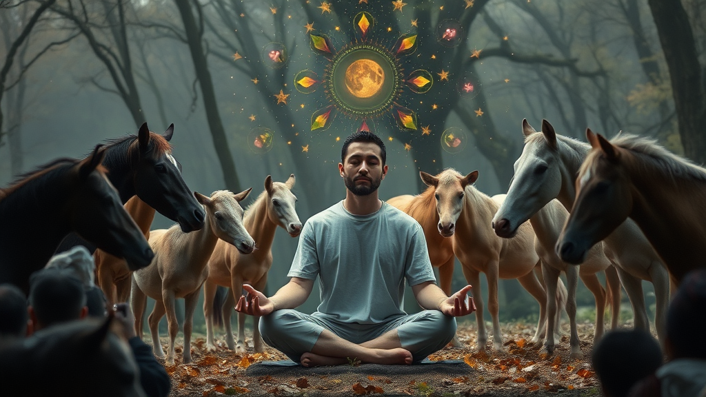 Mensch in Meditationshaltung, umgeben von Tieren, während telepathische Kommunikation durch innere Bilder und Gefühle demonstriert wird.
