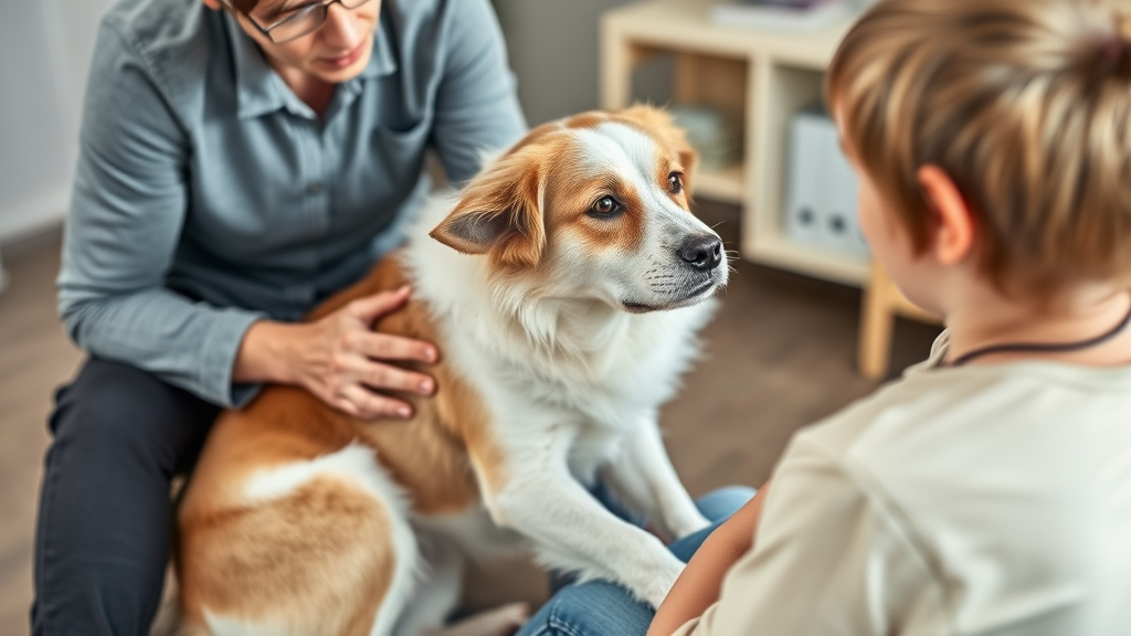 Therapeutische Sitzung mit einem Hund, der auf dem Schoß eines Kindes sitzt und beruhigend wirkt, während ein Therapeut auf die Interaktion achtet.