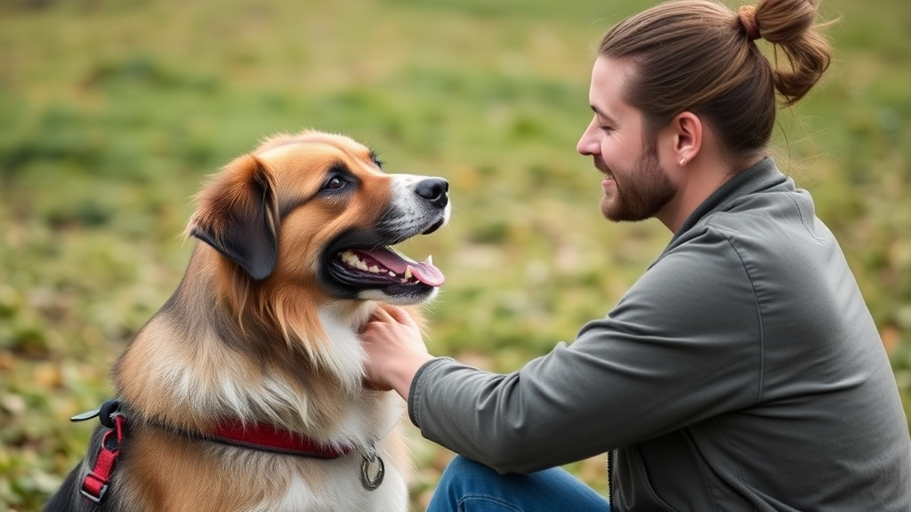 Tierkommunikator im Gespräch mit einem Hund, dabei werden nonverbale Signale und Emotionen wahrgenommen, um die Kommunikation zu erleichtern.