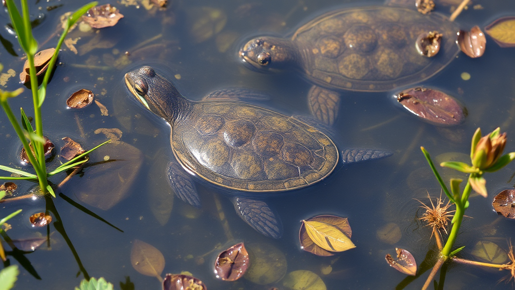 Bild von einer invasiven Rotwangenschmuckschildkröte, die in einem Gewässer schwimmt, umgeben von einheimischen Pflanzen und einer Europäischen Sumpfschildkröte im Hintergrund.