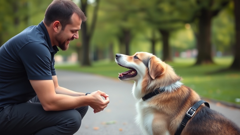 Tierhalter beim Spielen mit einem Hund im Park, die emotionale Bindung und gegenseitige Freude in der Interaktion wird deutlich sichtbar.