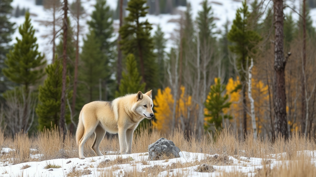 Wiederansiedlung von Wölfen im Yellowstone-Nationalpark, mit wolfsbedingter Regulation der Elchpopulation und regenerierender Vegetation im Hintergrund.