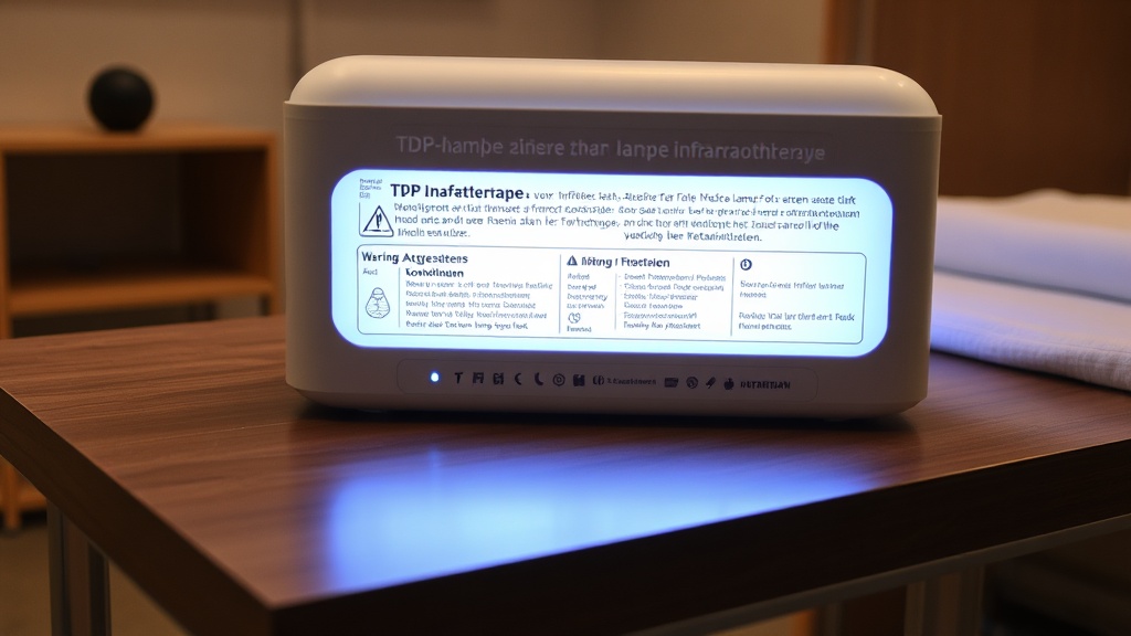 TDP-Lampe zur Infrarottherapie mit Warnhinweisen zu Abstand, Anwendungsdauer und Kontraindikationen, präsentiert auf einem Tisch in einem Behandlungssalon.