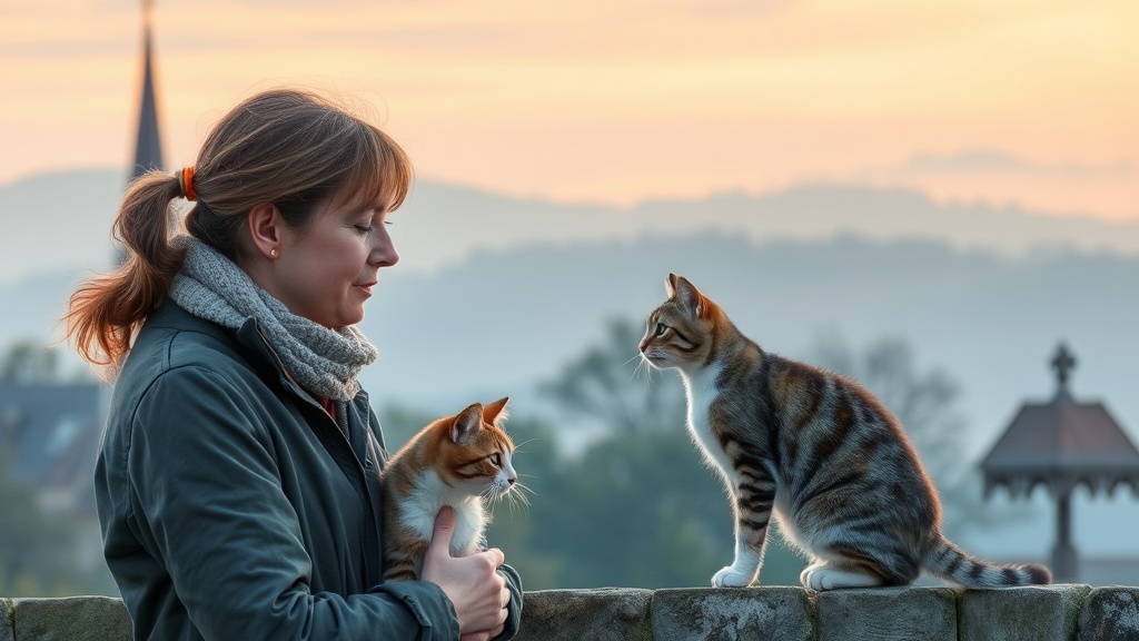 Abgebildet ist eine Tierkommunikatorin, die mit einer Katze spricht, während im Hintergrund Hinweise auf einen Kirchturm, einen Teich und einen Friedhof sichtbar sind.