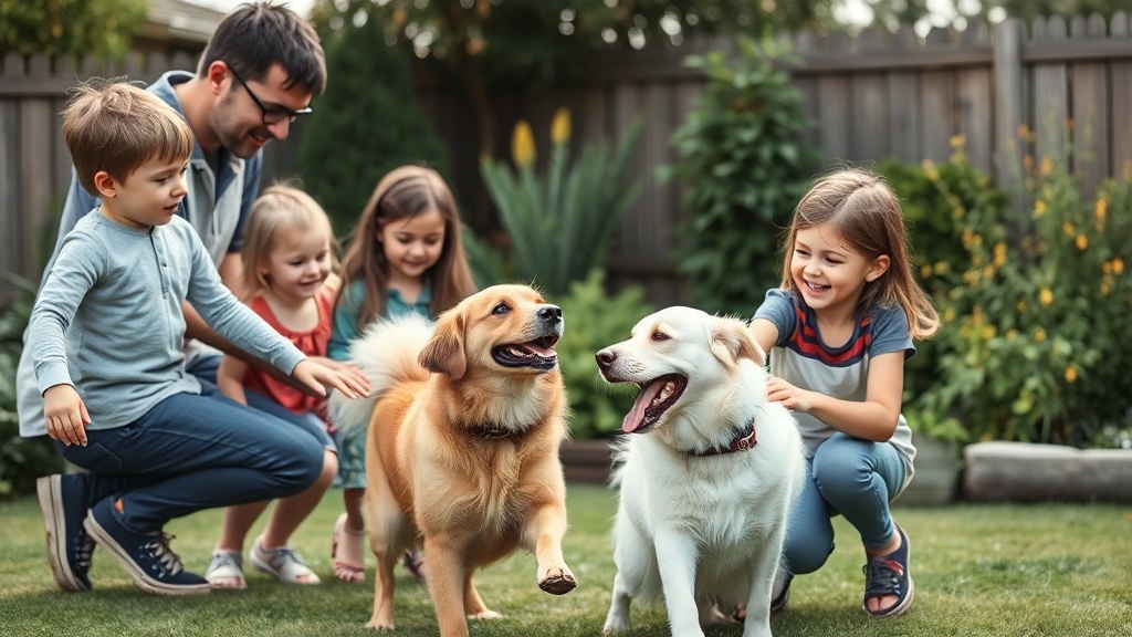 Familie mit Kindern, die mit einem freundlichen, verspielten Hund im Garten spielt, symbolisiert die harmonische Integration eines Familienhundes.