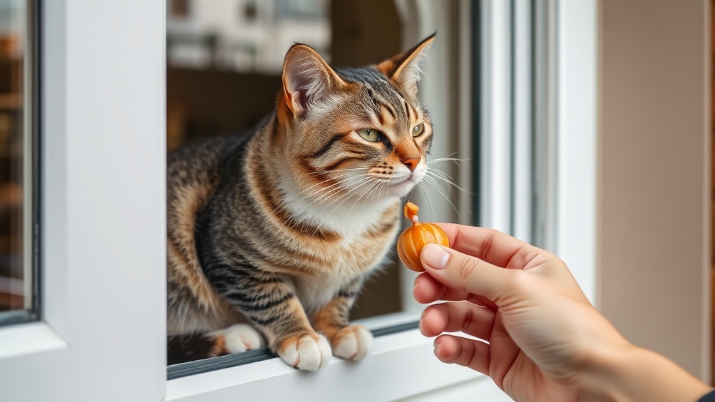 Ein entspannter Kater sitzt auf einem Fensterbrett und beobachtet die Umgebung, während eine Hand ihm ein Leckerli anbietet, um positives Verhalten zu fördern.