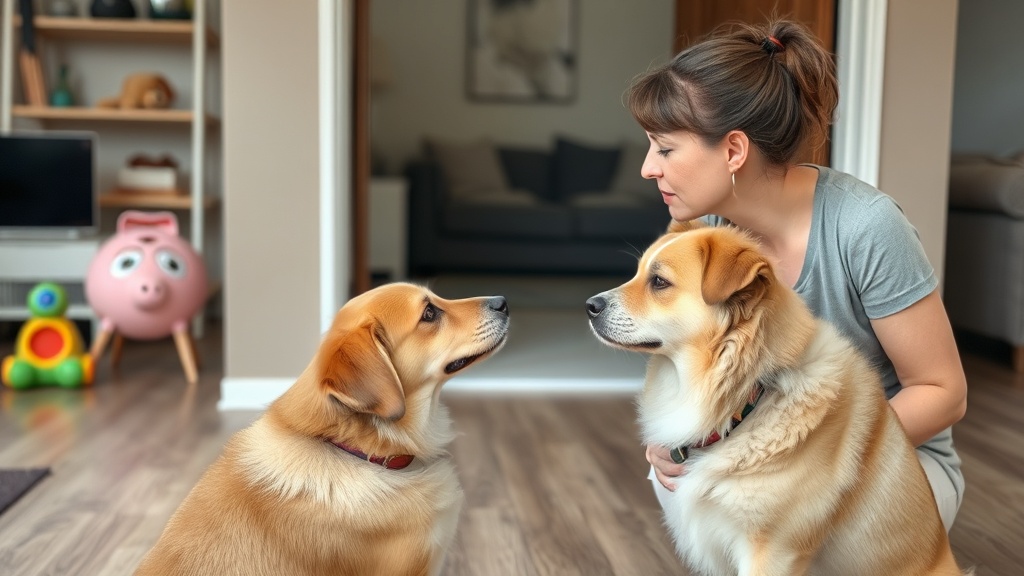 Frau spricht mit einem Hund vor einem Umzugskarton, während der Hund nervös wirkt; im Hintergrund sind Spielsachen und Möbel sichtbar.