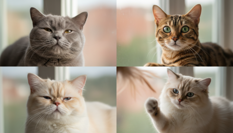 A photorealistic image showcasing the various expressions of cats, featuring close-up shots of different breeds displaying a range of emotions such as happiness, curiosity, playfulness, and contentment. The background should be soft and blurred to emphasize the cats' faces, capturing the intricacies of their fur textures and eye colors. Natural light should illuminate the scene to enhance realism.