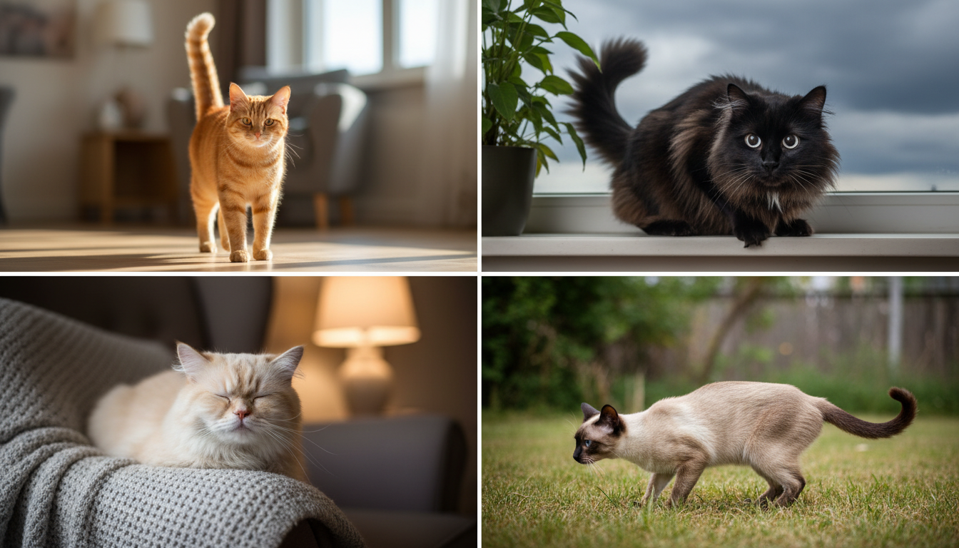 Katzen in verschiedenen Posen zur Demonstration ihrer Körpersprache: aufrechter Schwanz, zurückgelegte Ohren, geschlossene Augen und geduckte Haltung.