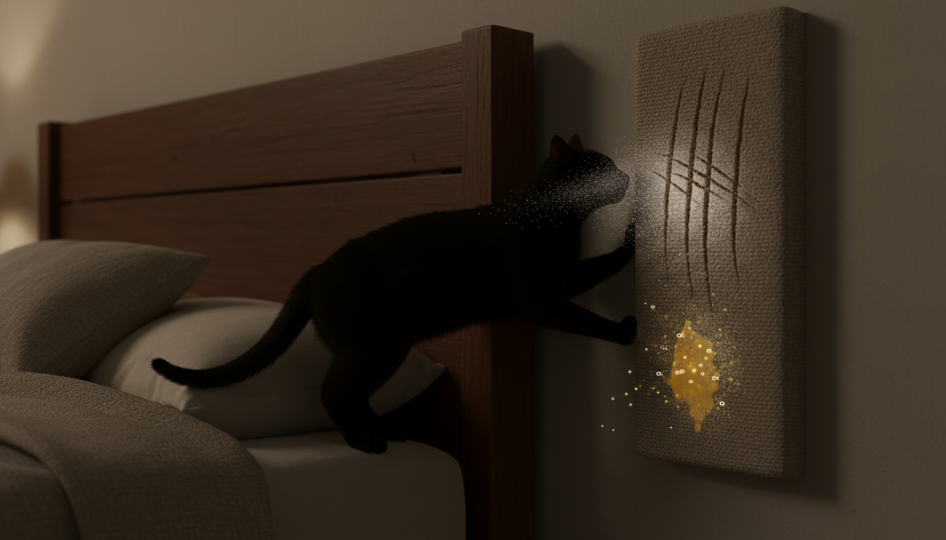 Katzensilhouette, die sich am Möbelkopf reibt, während Pheromone freigesetzt werden; daneben eine Kratzstelle mit sichtbaren Kratzspuren und Duftstoffen.