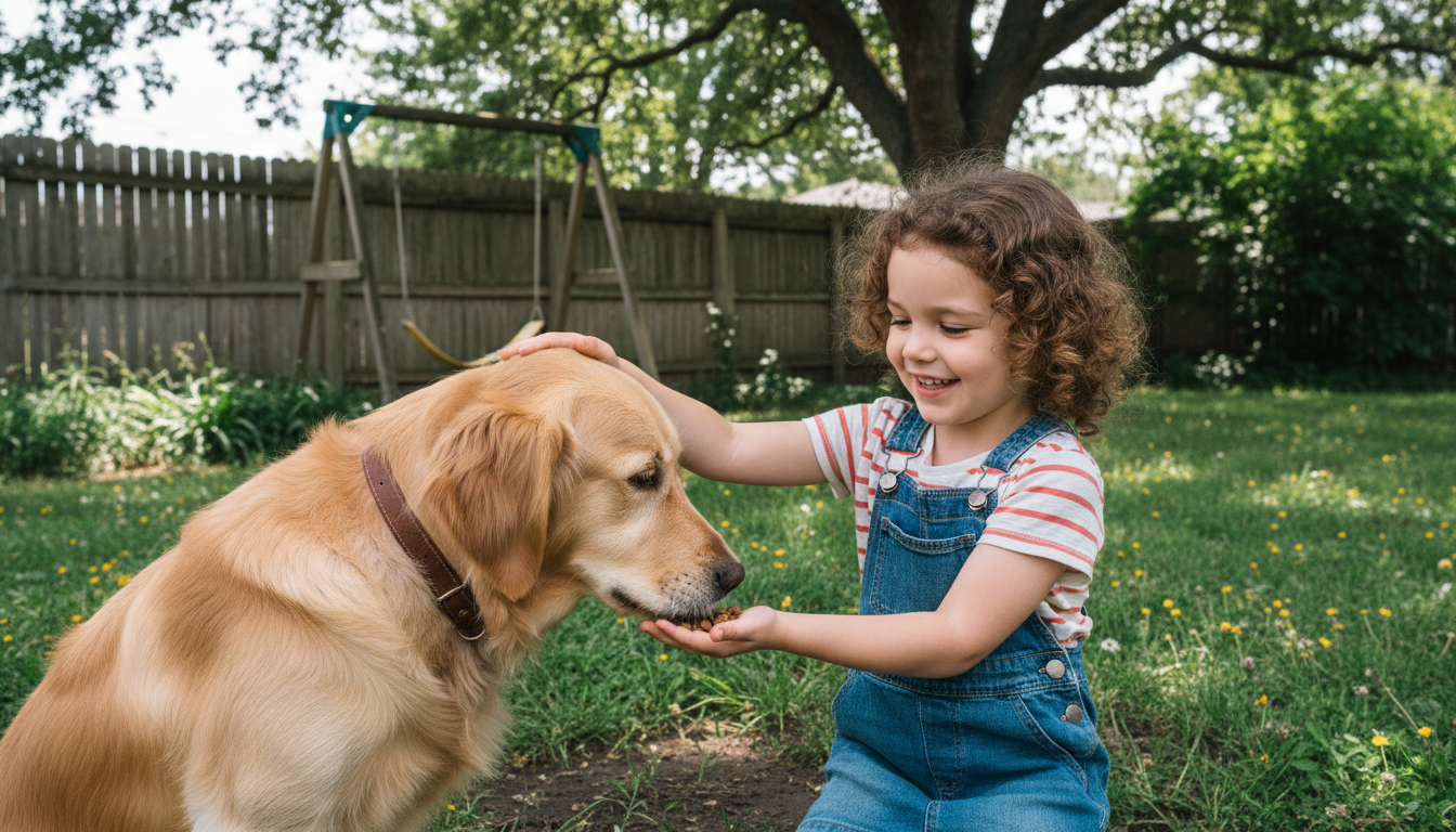 Kind spielt mit einem Hund im Garten, während es mit Freude das Tier füttert, was Verantwortung und Fürsorge demonstriert.