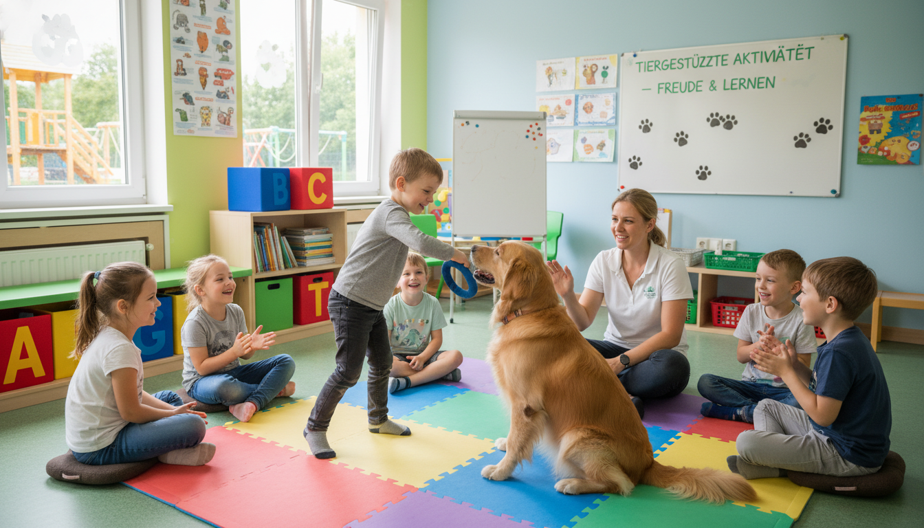 Kind spielt mit einem Hund in einem pädagogischen Umfeld, umgeben von anderen Kindern, die lächeln und sich um die tiergestützte Aktivität kümmern.