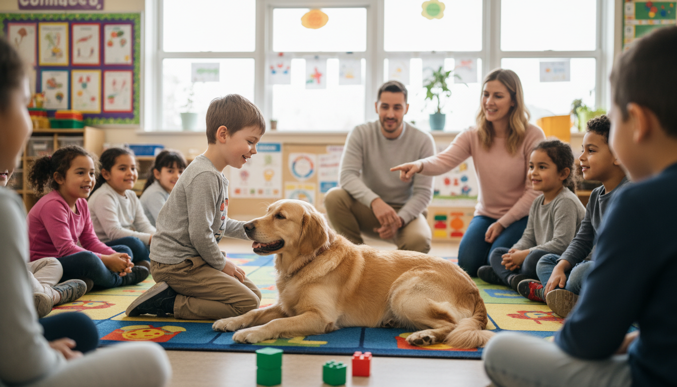 Kind spielt mit einem Therapiehund in einer Schule, umgeben von anderen Kindern und Pädagogen, die die positive Interaktion beobachten.