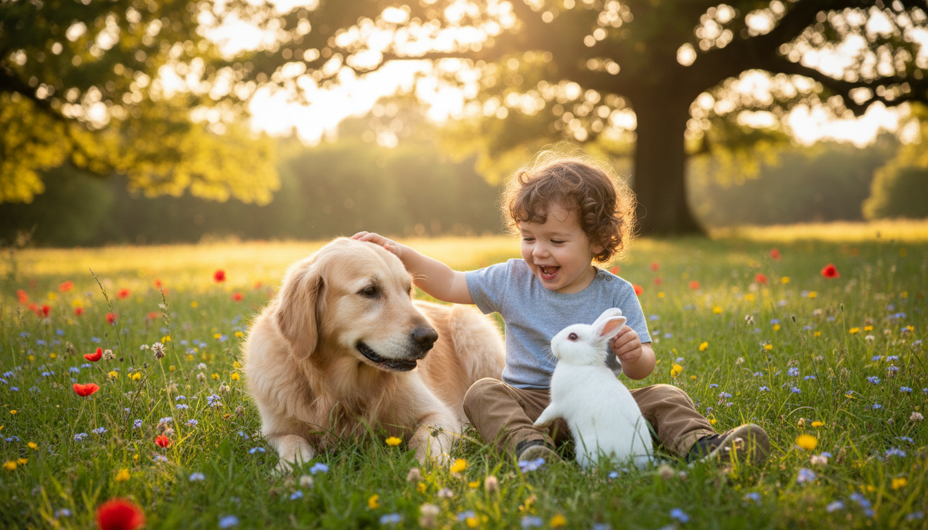 A photorealistic image of a young child sitting on a grassy field, gently interacting with a friendly dog and a curious rabbit. The child displays an expression of joy and wonder, capturing the emotional connection between them. In the background, soft sunlight filters through the trees, creating a warm and inviting atmosphere. A few colorful flowers dot the landscape, enhancing the scene's serenity and highlighting the theme of emotional stability through the bond with animals.