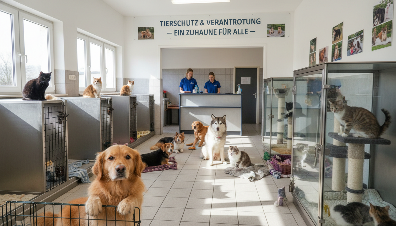 Bild eines liebevoll betreuten Tierheims mit wartenden Hunden und Katzen, die auf eine Adoption hoffen, symbolisiert die Bedeutung von Tierschutz und Verantwortung.