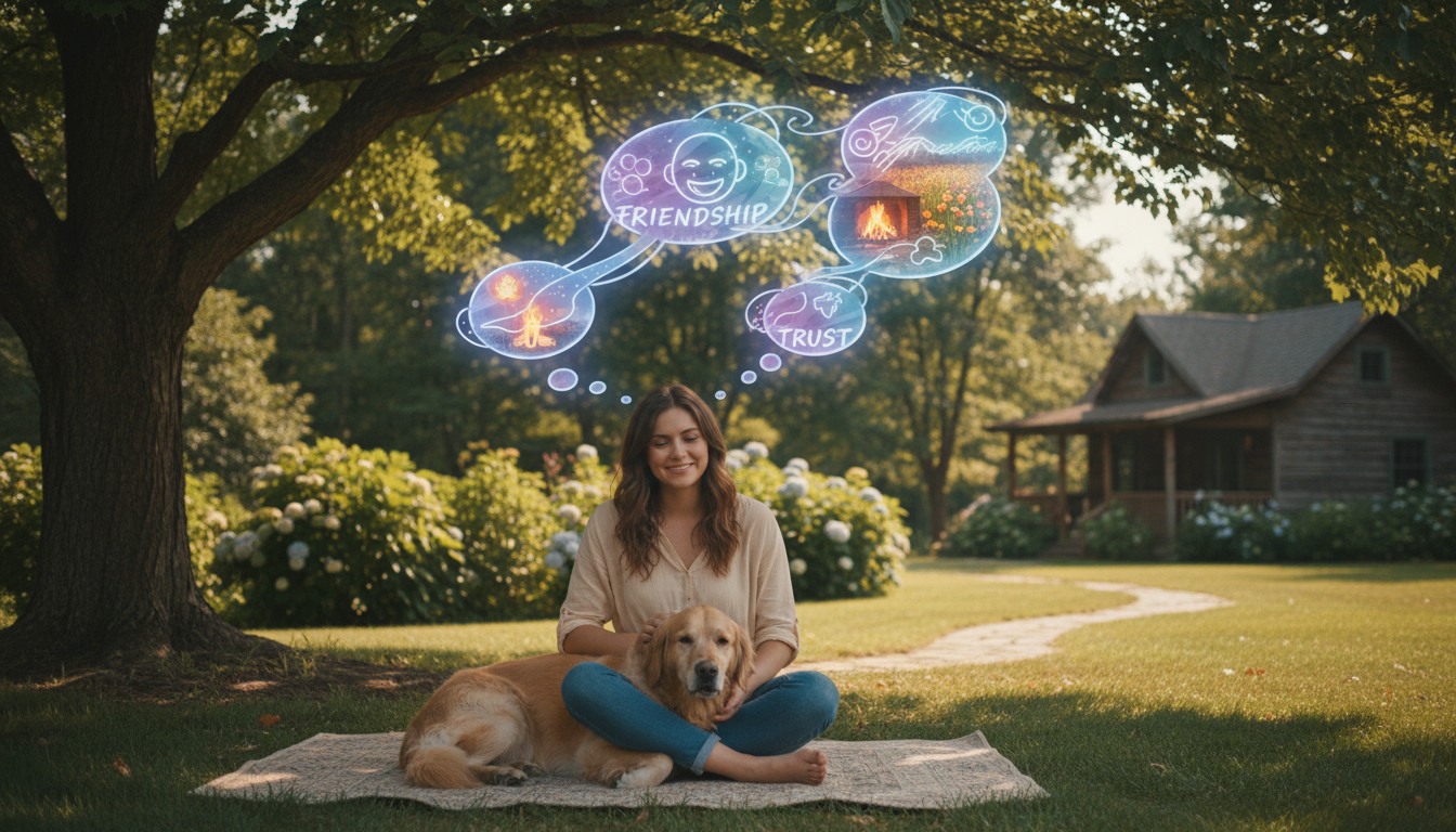 Mensch und Tier sitzen in einer entspannten Umgebung, während telepathische Kommunikationssignale in Form von Gedankenblasen dargestellt werden, die Emotionen und Bilder zeigen.