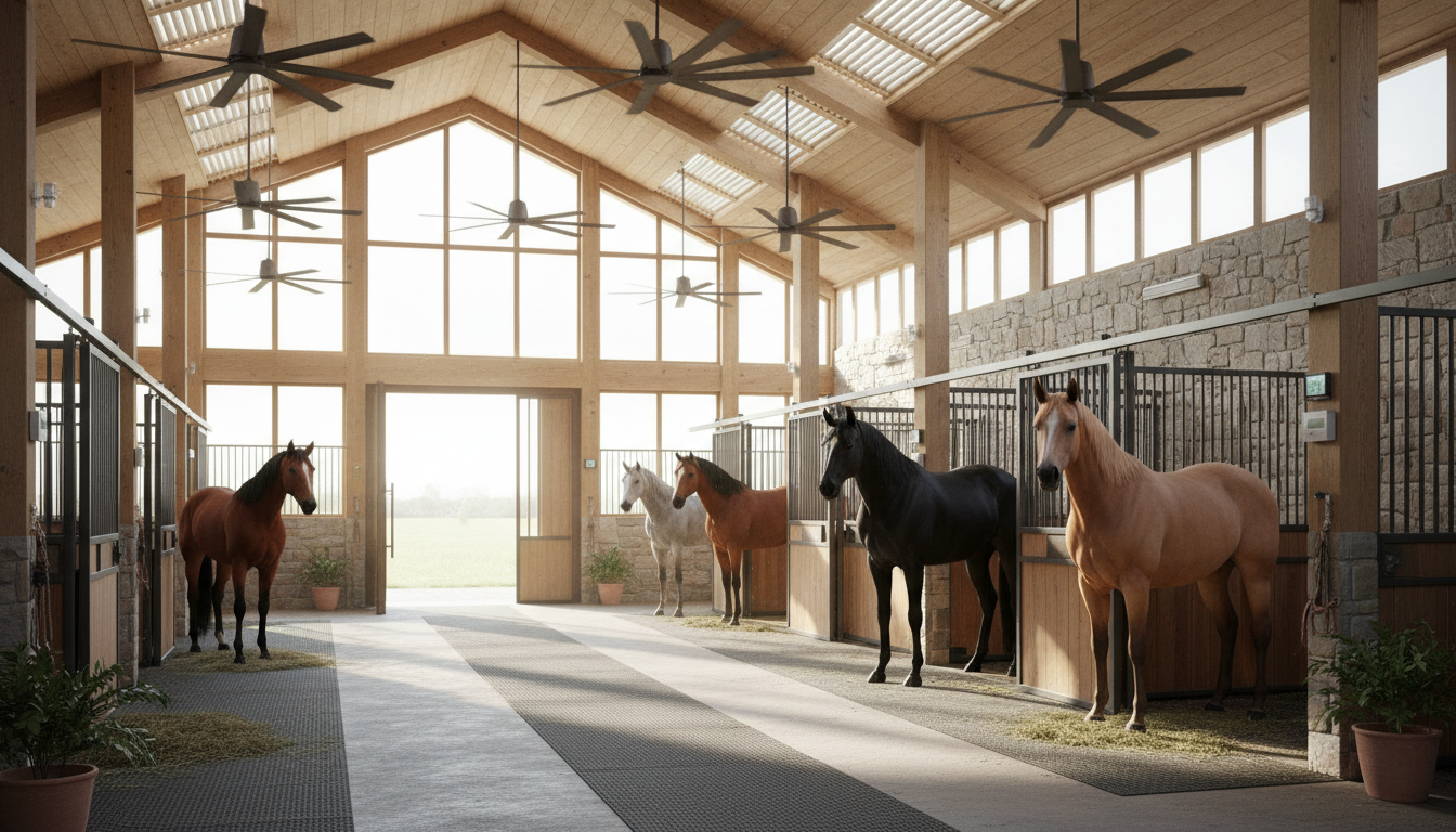 Pferdestall mit optimalen Bedingungen: gute Belüftung, Tageslicht durch große Fenster und Temperaturregelung für das Wohlbefinden der Pferde.