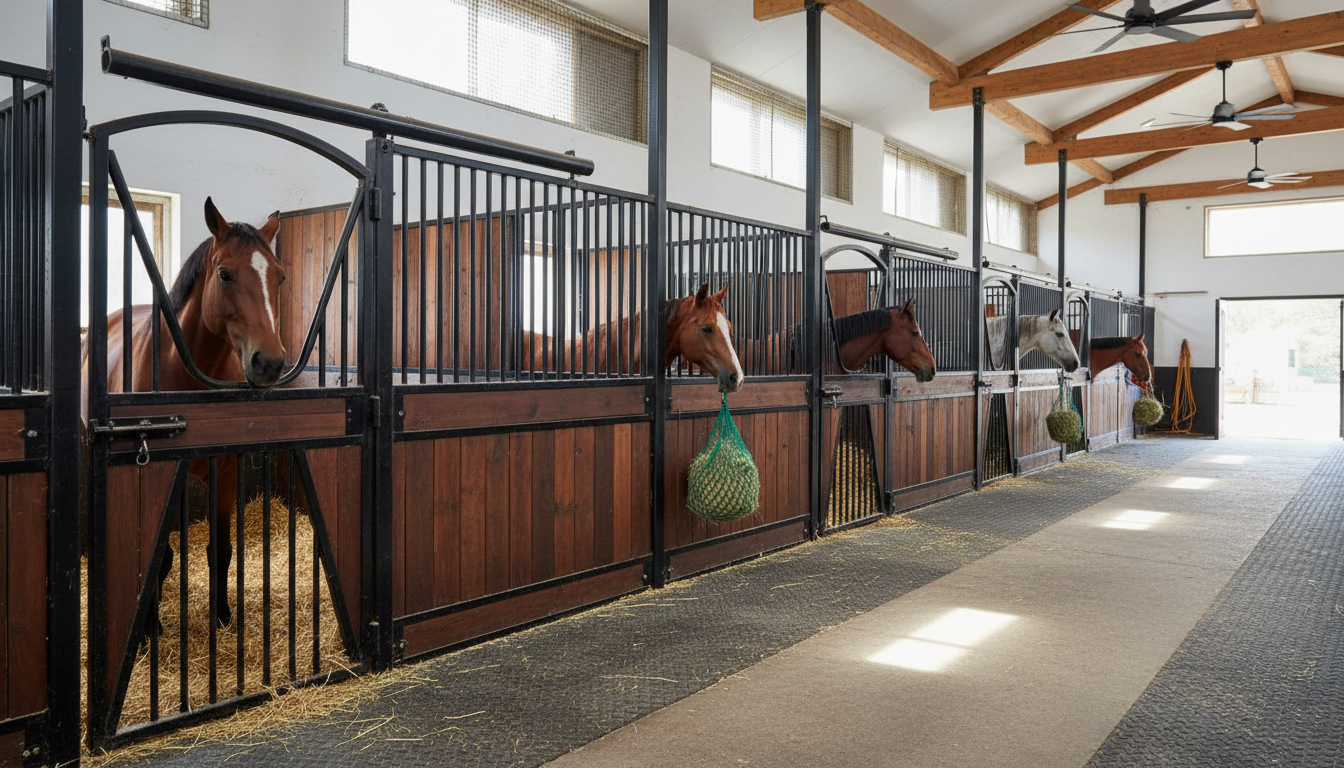 Pferdestall mit stabilen Wänden, rutschfestem Boden und sicherem Eingang. Sauberkeit und Belüftung gewährleistet für Wohlbefinden und Gesundheit der Pferde.