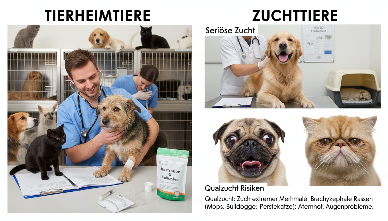 Vergleich von Tierheimtieren und Zuchttieren in Bezug auf Gesundheit; Aufführung medizinischer Versorgung, Kastration und Risiken durch Qualzucht.