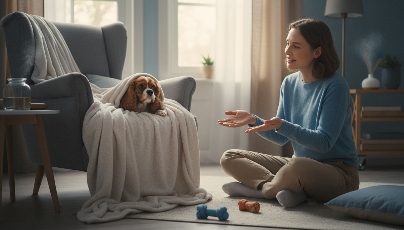 Ängstliches Haustier, das sich versteckt, während ein Tierverhaltenstherapeut einfühlsam mit ihm spricht und eine stressfreie Umgebung schafft.