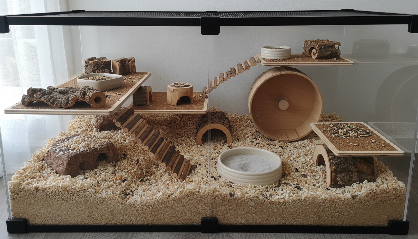 Geräumiges Hamstergehege mit einer Fläche von 0,6 m², tiefem Einstreu, Buddelmöglichkeiten und strukturierten Ebenen für artgerechte Haltung.