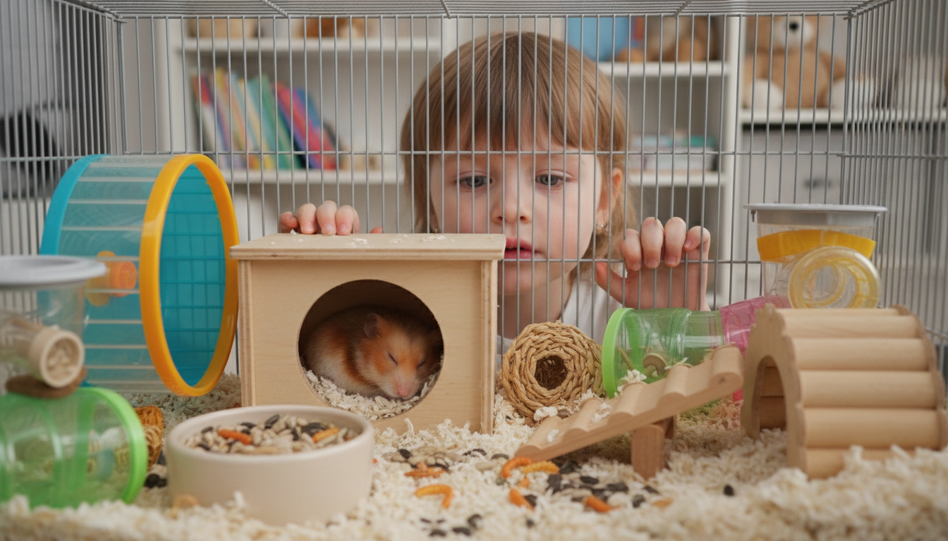 Hamster im Käfig, schlafend in ihrer Nestbox, umgeben von Spielzeug und Futter, während ein Kind durch das Gitter schaut.