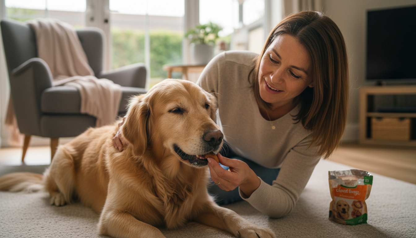 Hund in einer entspannten Position, der ein Leckerli erhält, während sein Halter ihm lobend zuspricht und eine vertrauensvolle Beziehung aufbaut.
