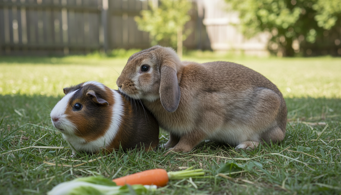 Kaninchen und Meerschweinchen in einem Gehege, wobei das Kaninchen Körperkontakt sucht und das Meerschweinchen etwas Abstand hält, um Kommunikationsunterschiede zu verdeutlichen.