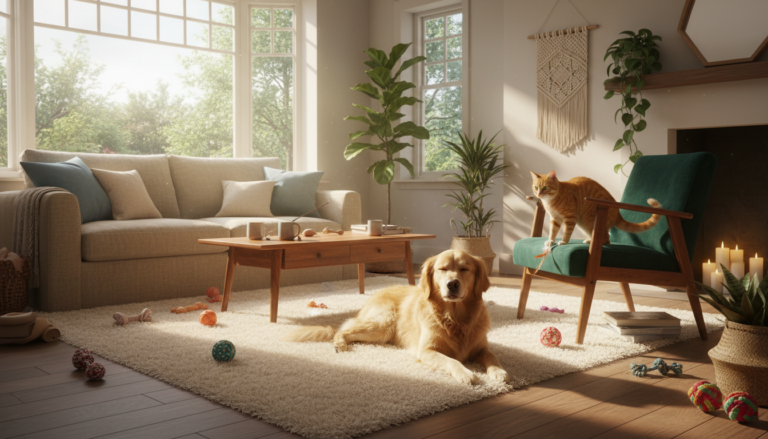 A photorealistic image of a cozy living room filled with sunlight streaming through the windows, featuring a relaxed dog lounging on a plush rug and a curious cat perched on a stylish armchair. The scene should capture a warm, inviting atmosphere, with soft furnishings, plants, and pet toys scattered around, symbolizing a harmonious home where pets can roam freely in every room.