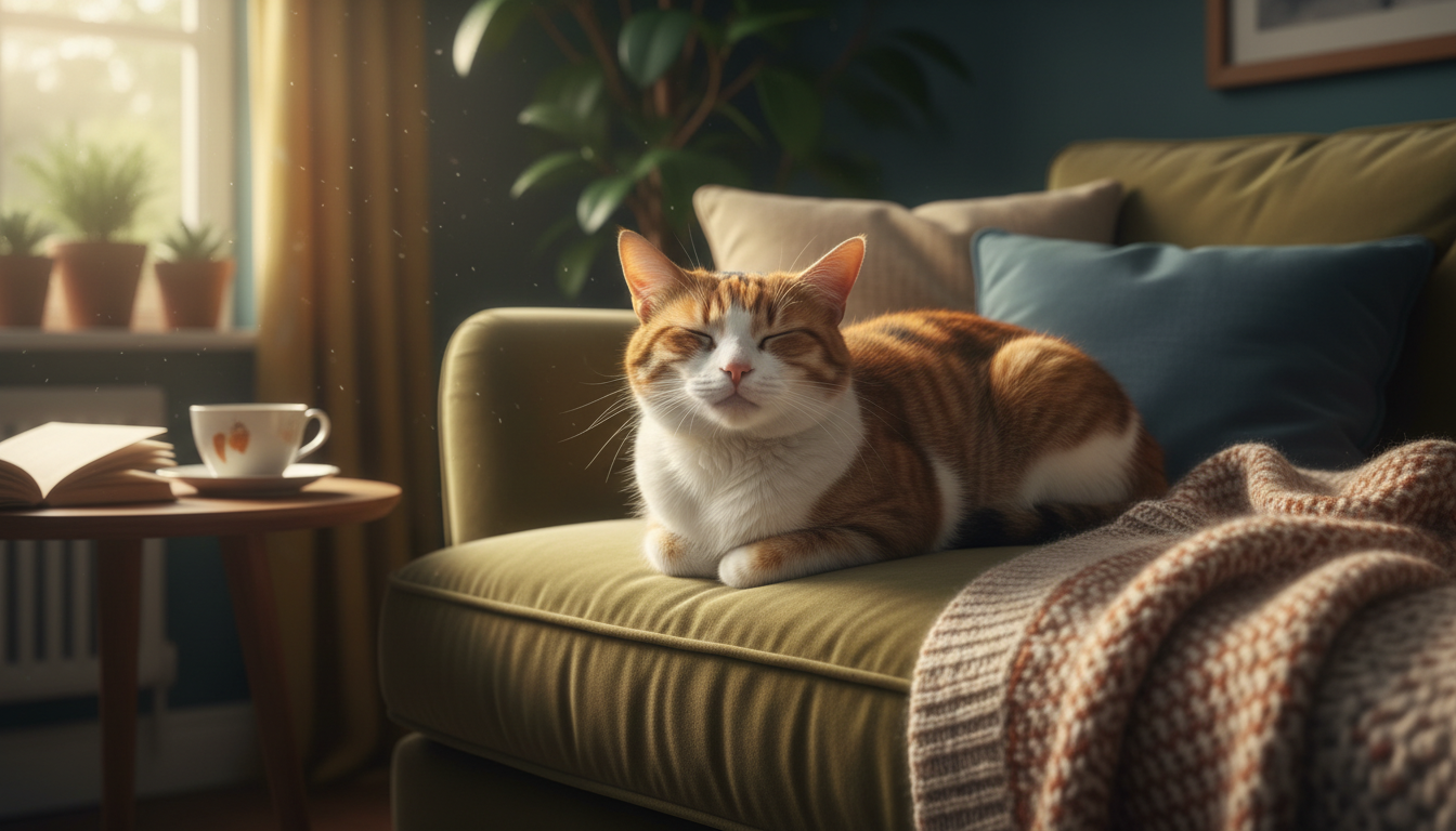 Eine Katze, die entspannt auf einer Couch schnurrt, mit geschlossenen Augen und einem zufriedenen Gesichtsausdruck, umgeben von einer gemütlichen Atmosphäre.