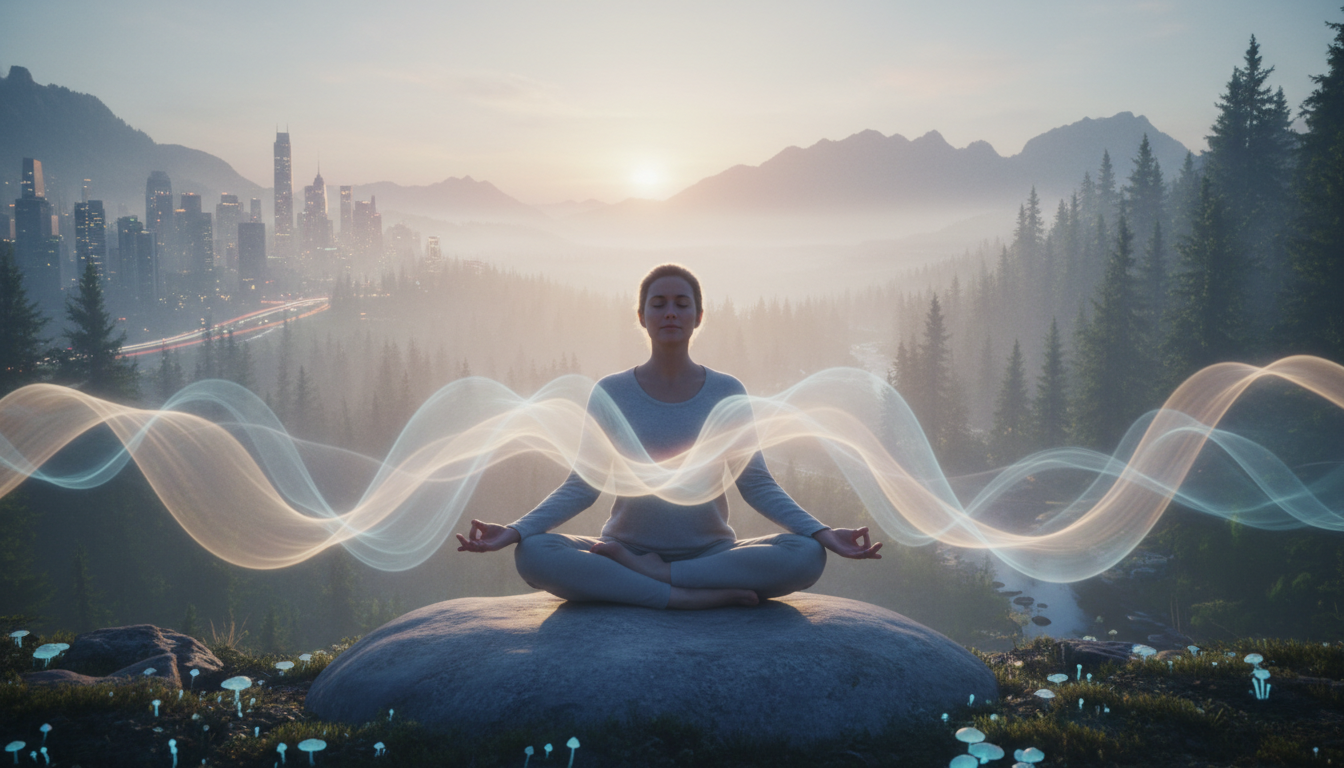 A photorealistic depiction of a serene and mystical landscape, showcasing a person meditating with closed eyes, surrounded by ethereal light and subtle energy waves. In the background, faint images of remote scenes like a bustling cityscape and a tranquil forest can be seen, symbolizing the concept of remote viewing. Capture an atmosphere of calmness and enlightenment, with soft, harmonious colors blending together.