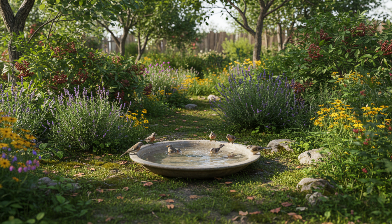 Flache Wasserschale im Garten, umgeben von Sträuchern, mit Vögeln, die trinken und baden, umgeben von einer natürlichen Umgebung.