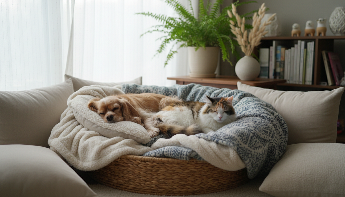 Gemütlicher Rückzugsort für Hunde und Katzen, bestehend aus einem bequemen Korb und Decken, umgeben von einer ruhigen, sicheren Umgebung.