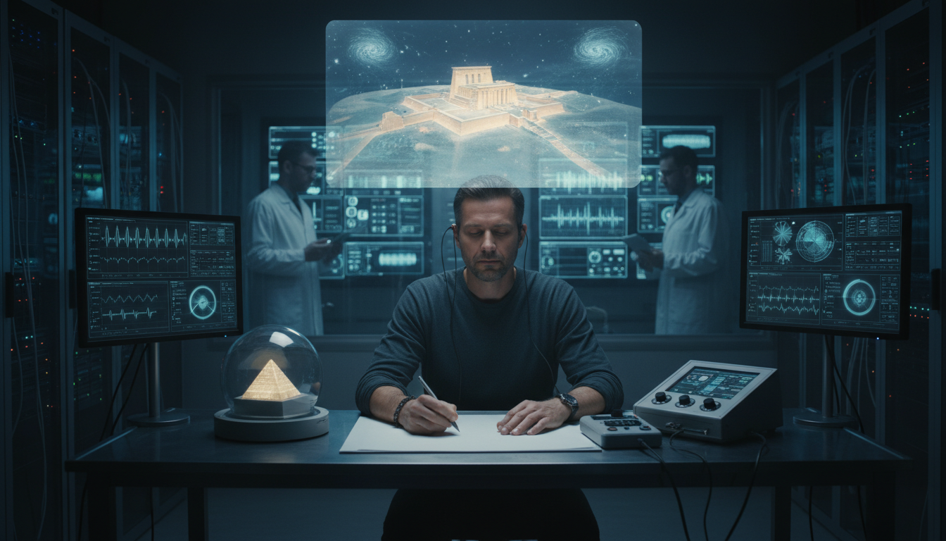 Illustration eines Remote-Viewing-Experiments mit einem Probanden, der einem Zielort mittels Mentaler Visualisierung Informationen entnimmt, umgeben von Geräten zur Datenerfassung.