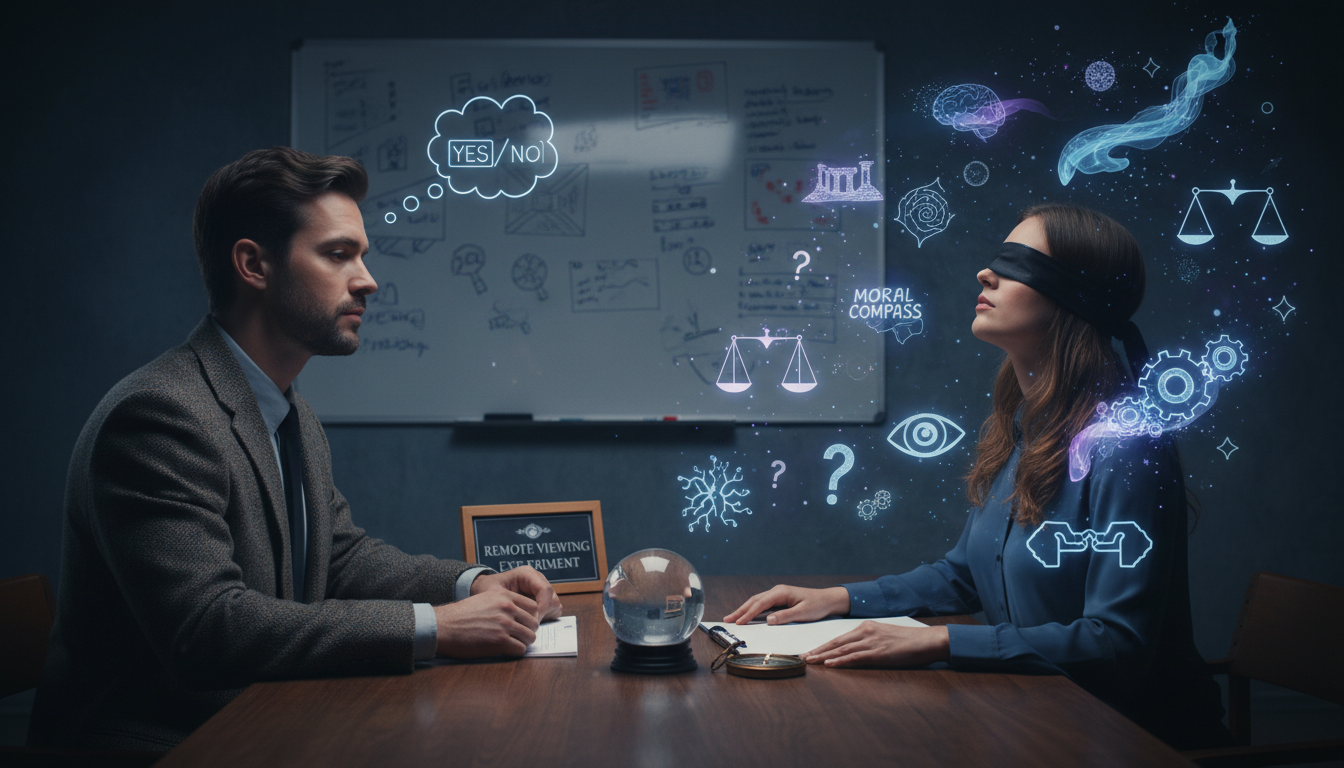 Illustration eines Remote Viewing-Settings mit einem Psychologen, der eine Person an einem Tisch beobachtet, umgeben von Symbolen für Gedanken und ethische Fragestellungen.