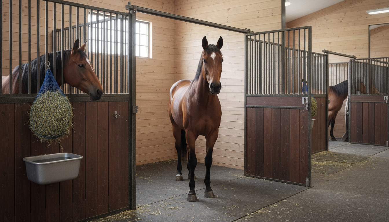 Innenansicht einer Pferdebox mit empfohlenen Mindestmaßen, die ein Pferd mit einer Widerristhöhe von 1,65 m optimal unterbringt, inklusive Trennwänden und Sichtkontakt zu anderen Pferden.