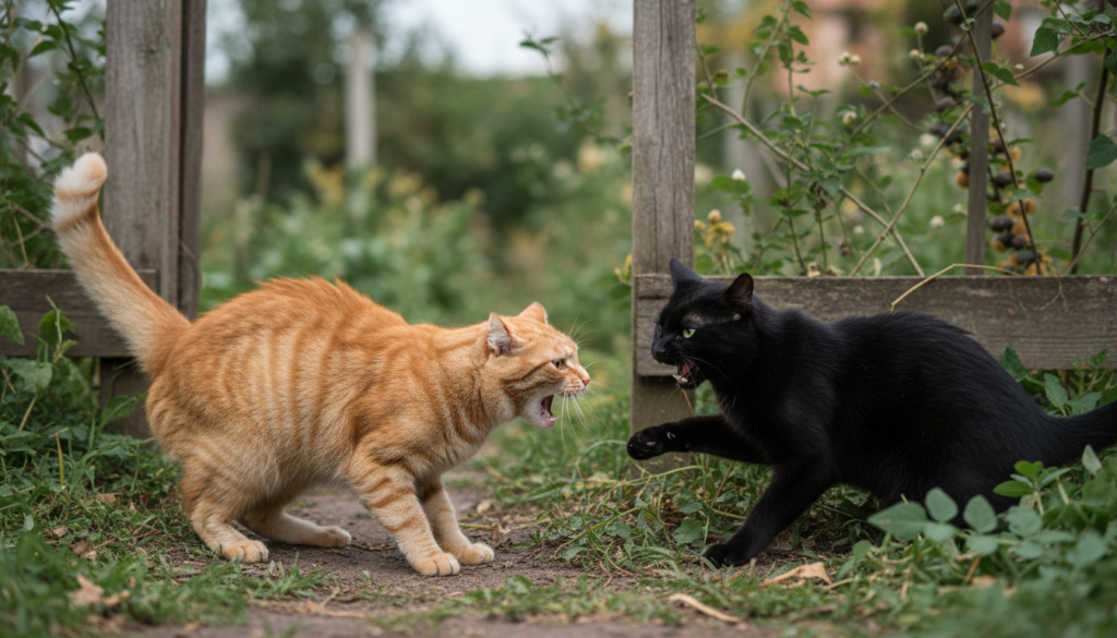 Katzen fauchen und knurren, während sie angespannte Körpersprache zeigen, um Bedrohungen abzuwenden und Konflikte zu vermeiden.