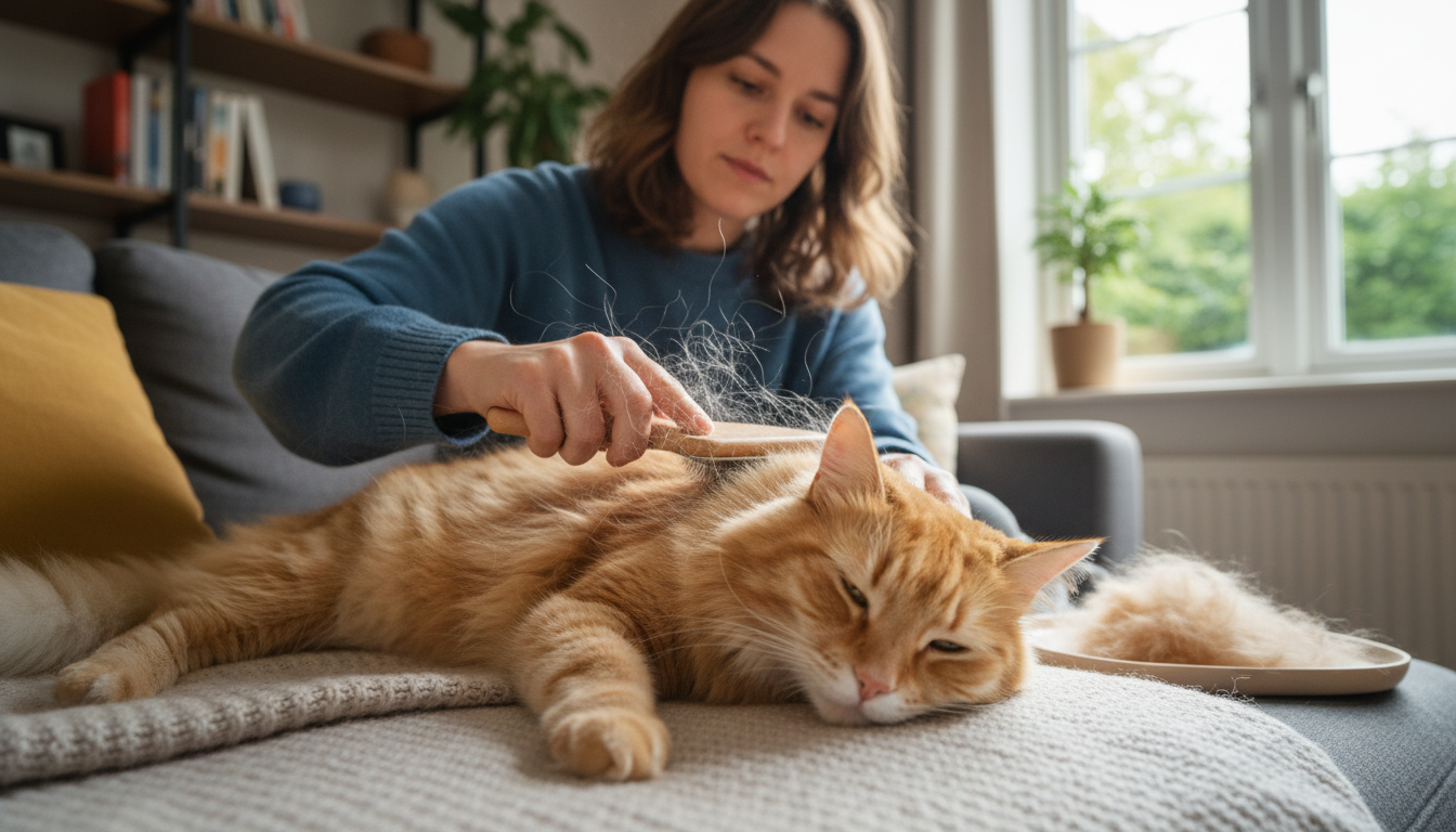 Katzenhalter bürstet seine Katze, um lose Haare zu entfernen und das Fell zu pflegen, während die Katze entspannt auf dem Bauch liegt.