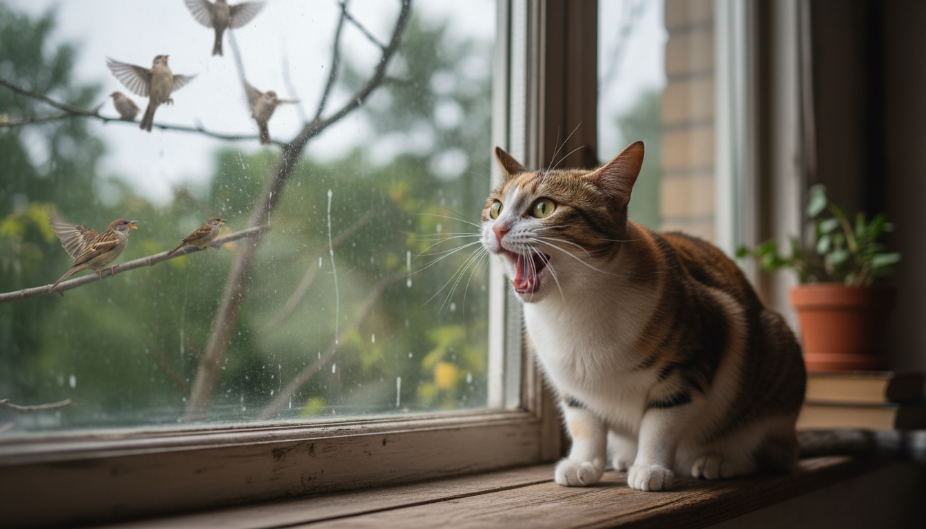 Katzenschnatternde Katze am Fenster, die Vögel beobachtet, mit geöffnetem Maul, das charakteristische Geräusche erzeugt und Jagdinstinkte zeigt.