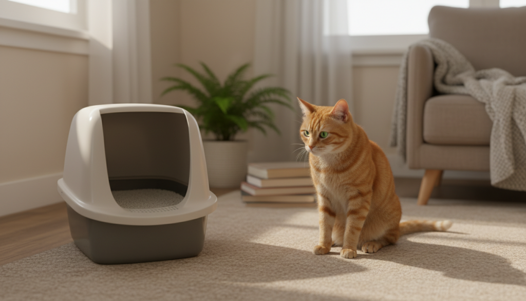 Katzentoilette mit sauberem Streu, in ruhiger Ecke eines Raumes, und eine Katze, die zögerlich davor sitzt und das Klo betrachtet.
