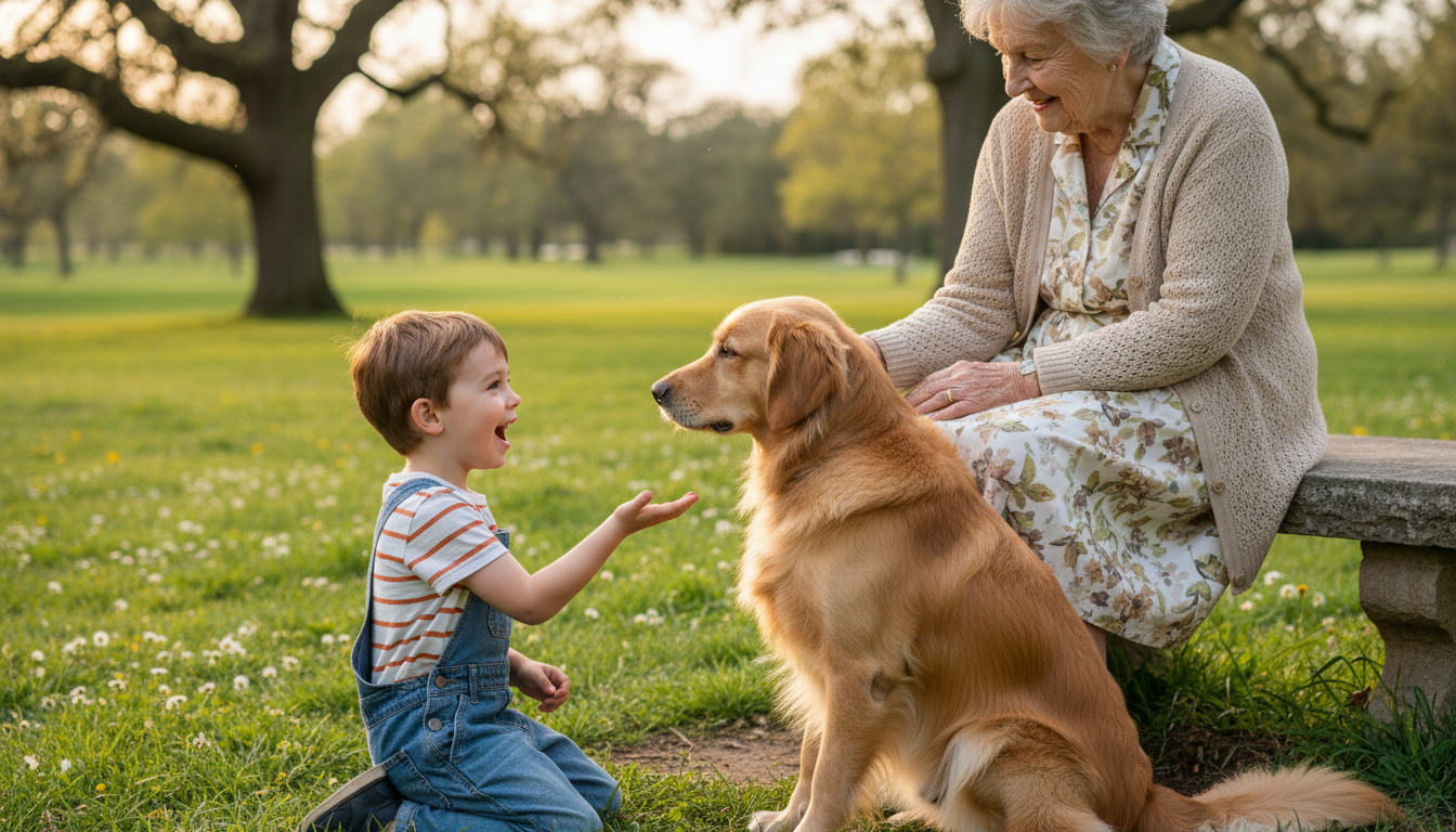 Kind und Senior interagieren respektvoll mit einem Hund, der aufmerksam auf deren Körpersprache reagiert, um positive Interaktionen zu zeigen.