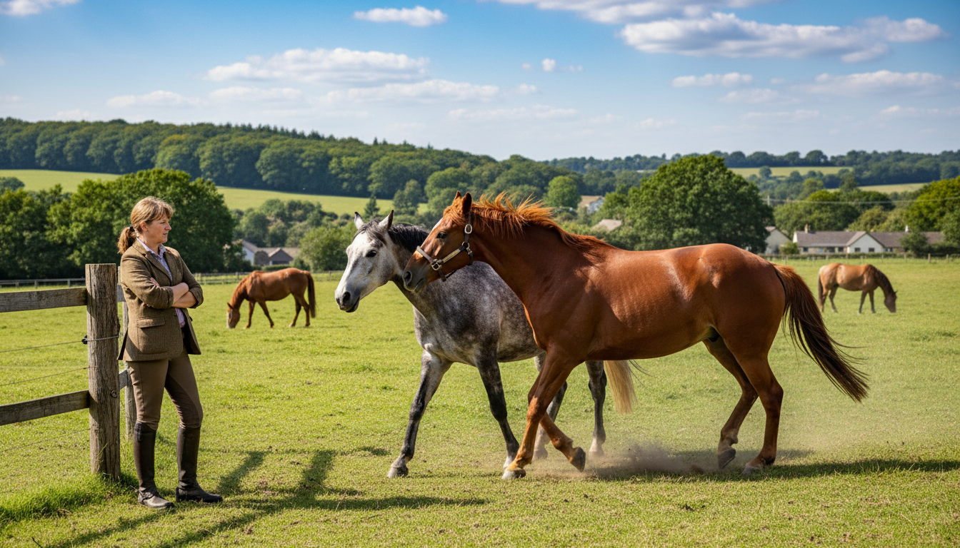 A photorealistic image of a concerned horse owner observing their horse interacting with other horses in a lush green pasture. The scene captures the horse's playful and slightly aggressive behavior as it playfully nudges another horse. The owner stands nearby, looking thoughtful and slightly worried, with a backdrop of rolling hills and a bright blue sky, conveying a sense of the serene yet challenging environment of horse ownership.