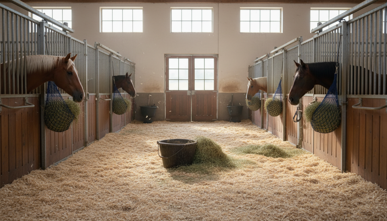 Sauberer Pferdestall mit frischer Einstreu, regelmäßiger Mistentfernung und gut belüftetem Ambiente, der das Wohlbefinden der Tiere fördert.